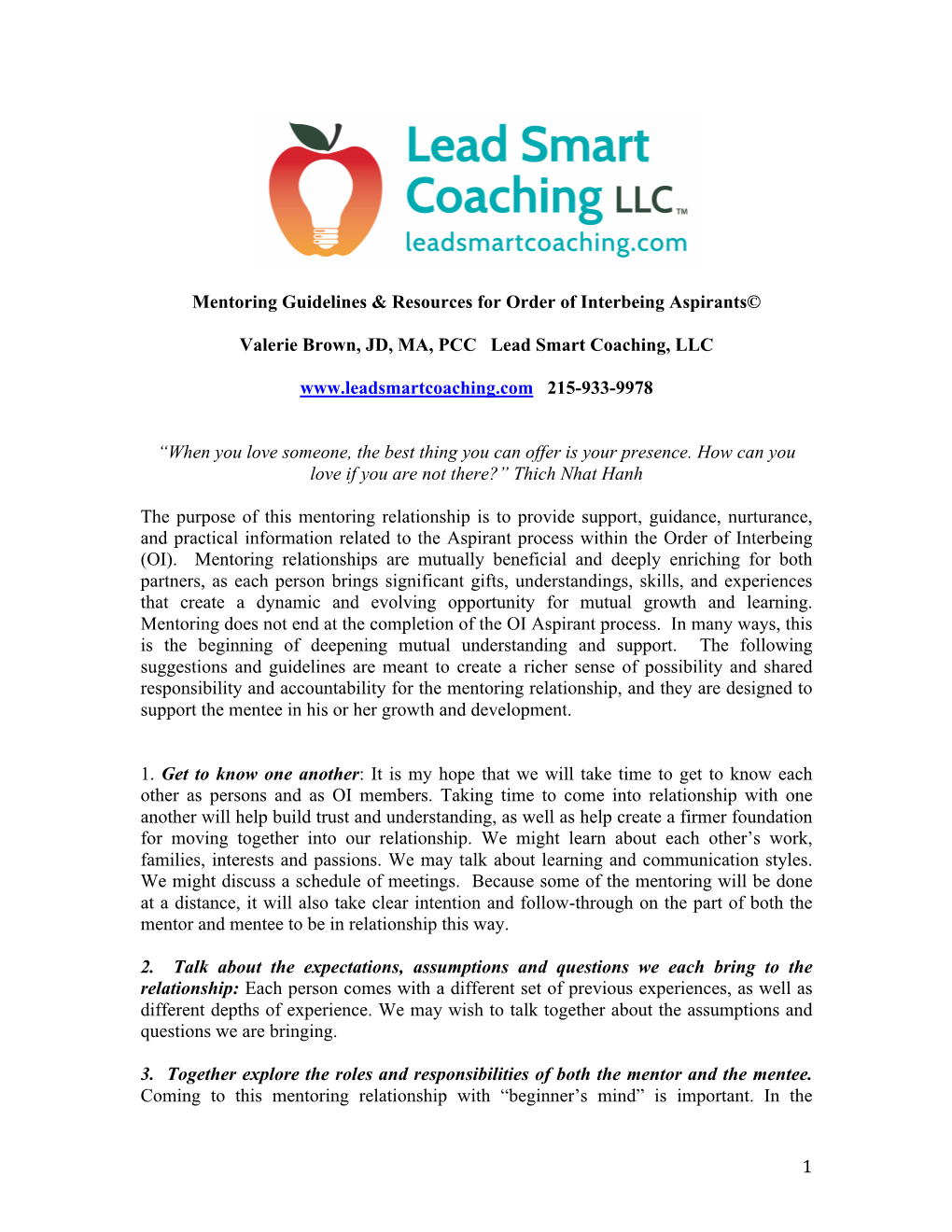 1 Mentoring Guidelines & Resources for Order of Interbeing Aspirants