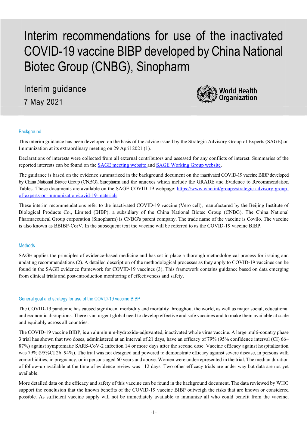 Interim Recommendations for Use of the Inactivated COVID-19 Vaccine BIBP Developed by China National Biotec Group (CNBG), Sinopharm