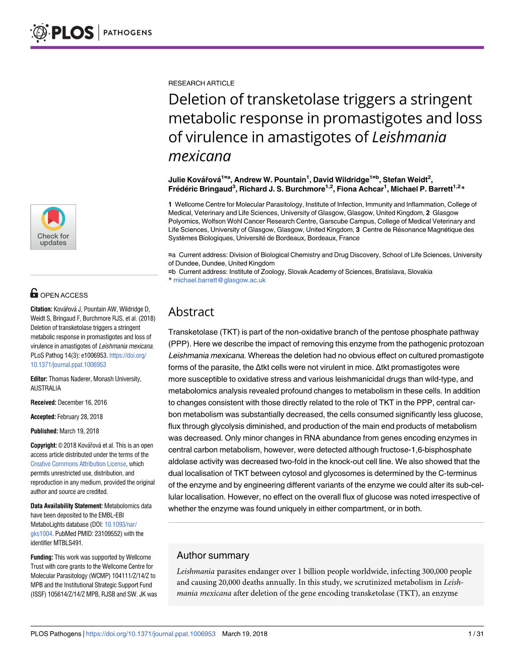 Deletion of Transketolase Triggers a Stringent Metabolic Response in Promastigotes and Loss of Virulence in Amastigotes of Leishmania Mexicana