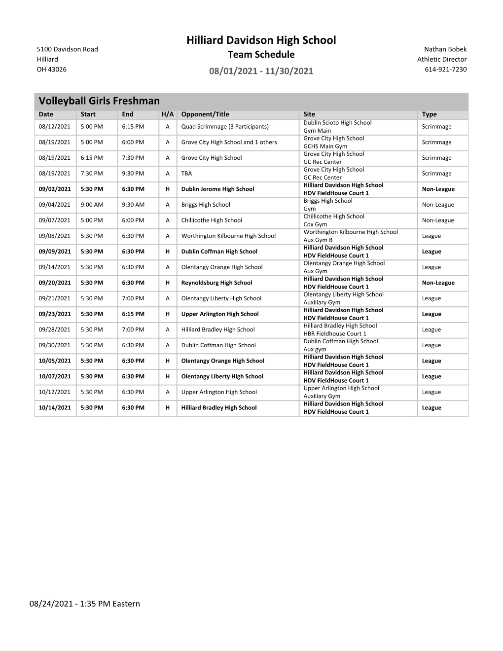 Hilliard Davidson High School 5100 Davidson Road Nathan Bobek Hilliard Team Schedule Athletic Director OH 43026 08/01/2021 - 11/30/2021 614-921-7230