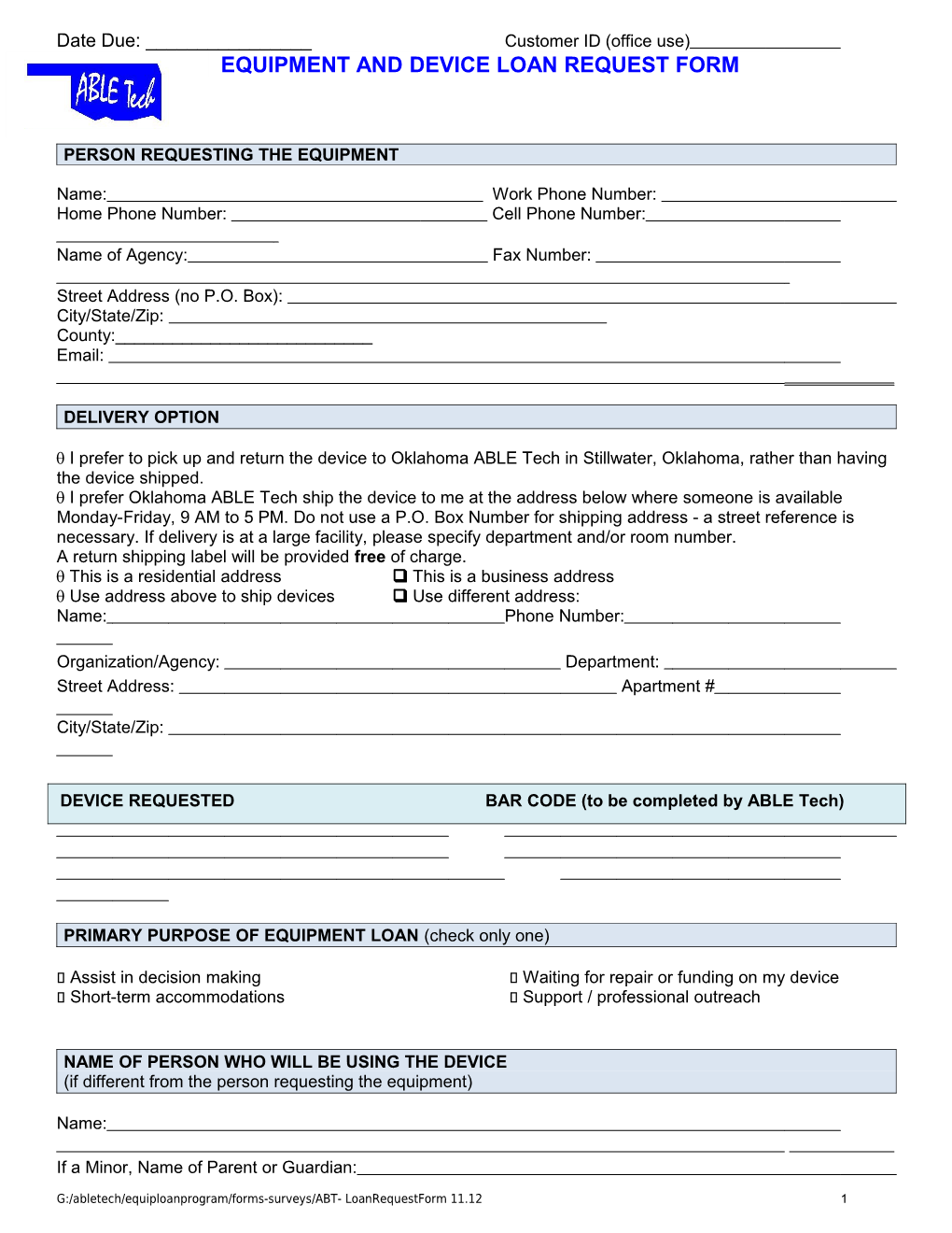 Equipment And Device Loan Request Form