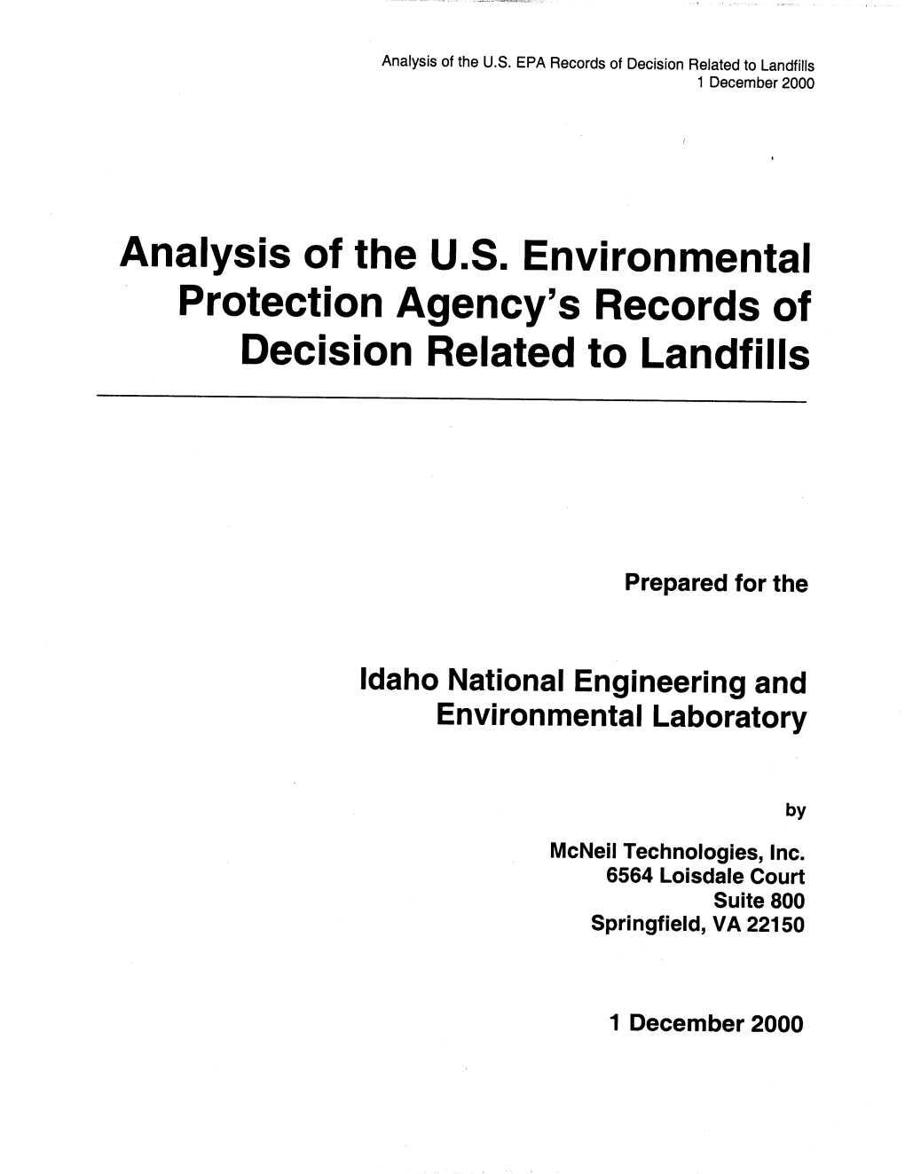 Analysis of the U.S. Environmental Protection Agency's Records of Decision Related to Landfills