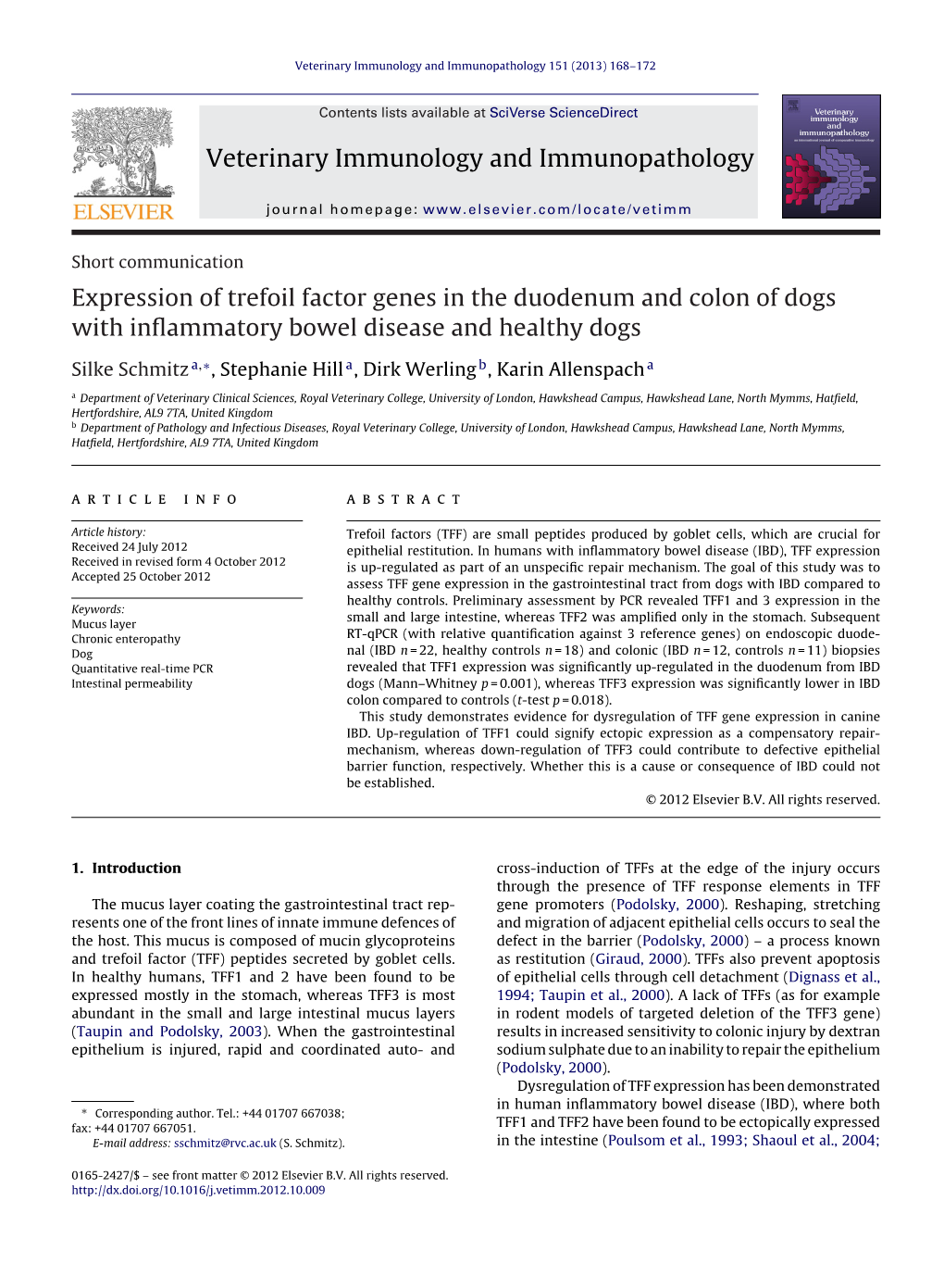 Expression of Trefoil Factor Genes in the Duodenum and Colon of Dogs