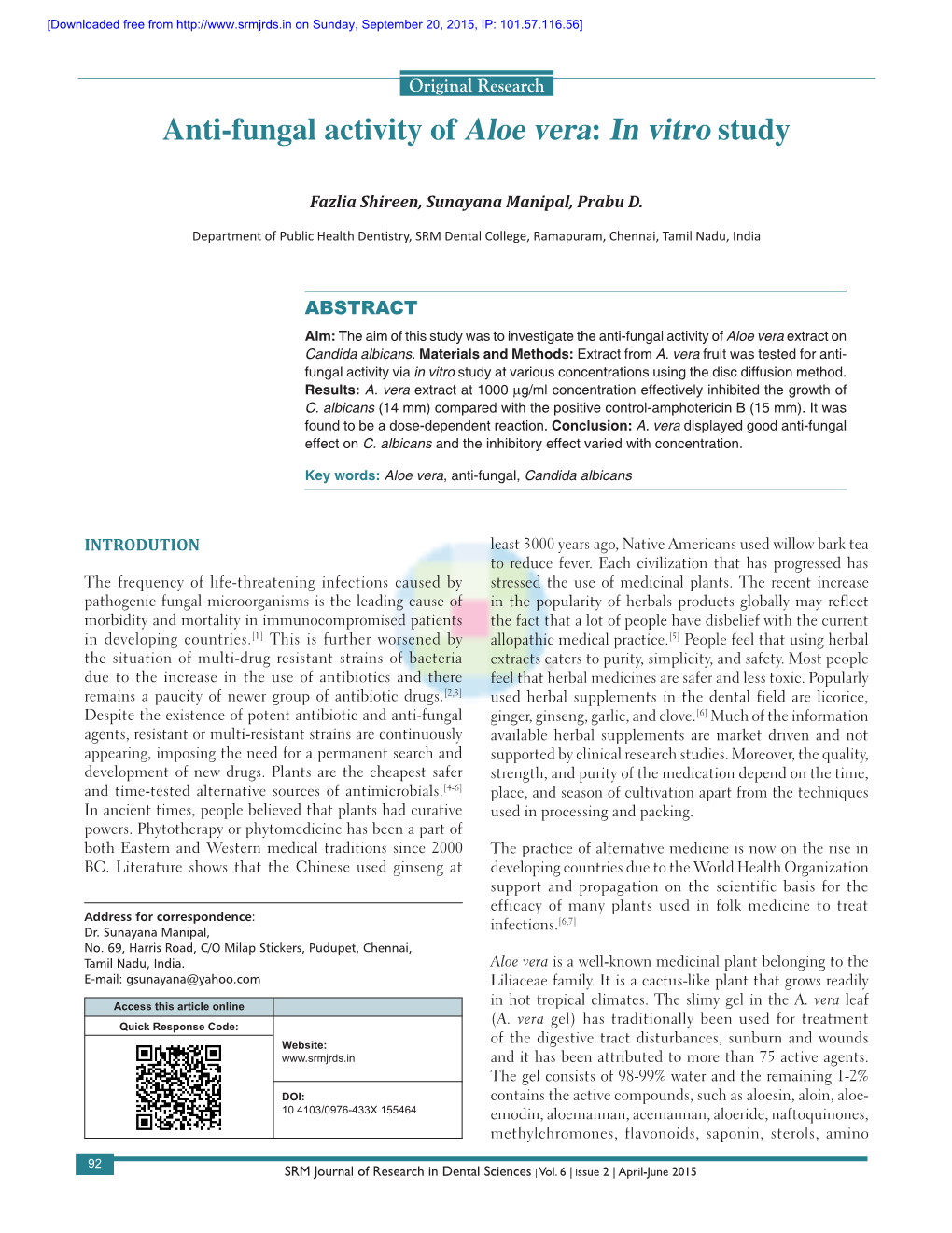 Anti-Fungal Activity of Aloe Vera: in Vitro Study