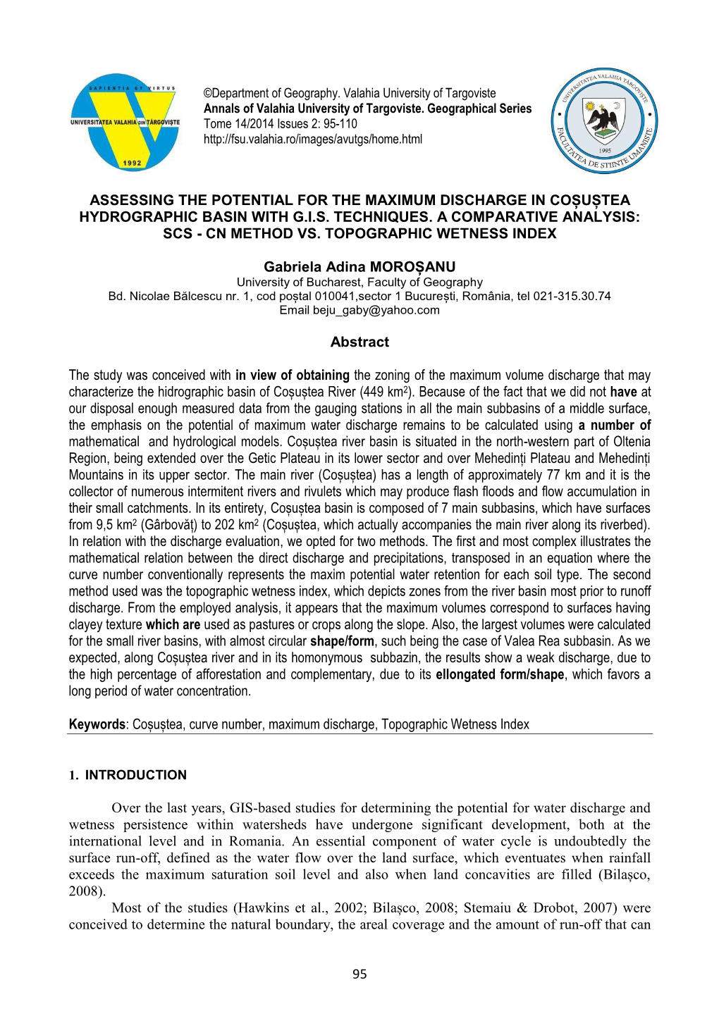 Assessing the Potential for the Maximum Discharge in Coșuștea Hydrographic Basin with G.I.S