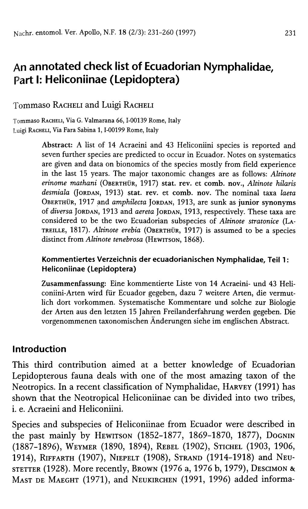 An Annotated Check List of Ecuadorian Nymphalidae, Part I: Heliconiinae (Lepidoptera)