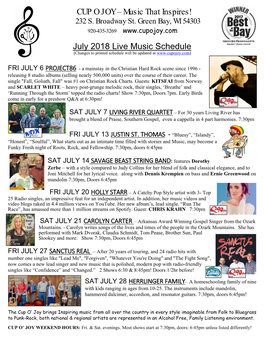 Music That Inspires! July 2018 Live Music Schedule