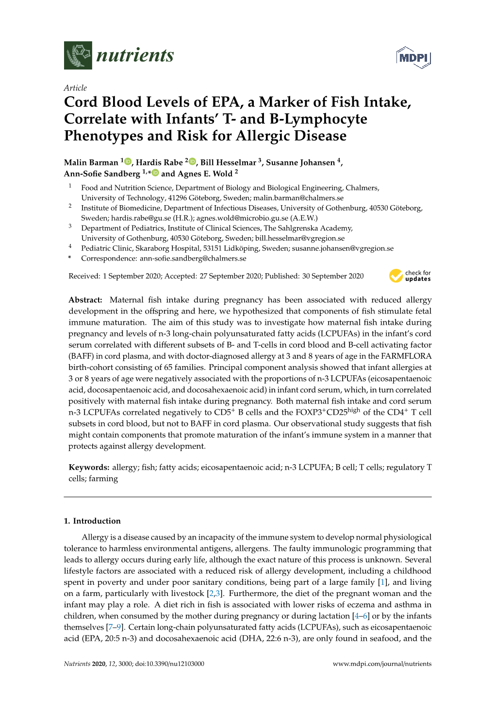 Cord Blood Levels of EPA, a Marker of Fish Intake, Correlate with Infants' T