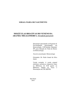 MOLÉCULAS BIOATIVAS DO VENENO DA ARANHA MIGALOMORFA Avicularia Juruensis