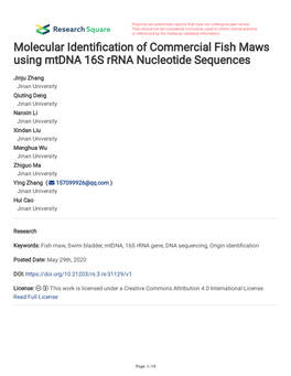 Molecular Identi Cation of Commercial Fish Maws Using Mtdna 16S Rrna Nucleotide Sequences