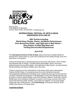 International Festival of Arts & Ideas Announces 2018 Line