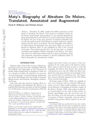 Maty's Biography of Abraham De Moivre, Translated