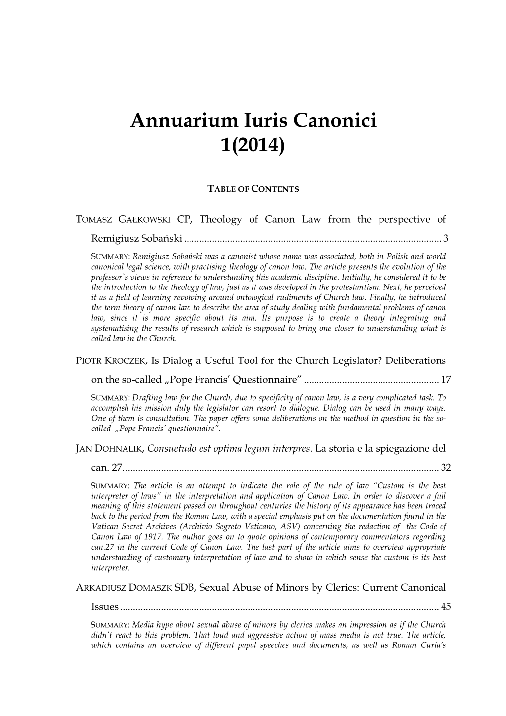 Annuarium Iuris Canonici 1(2014)