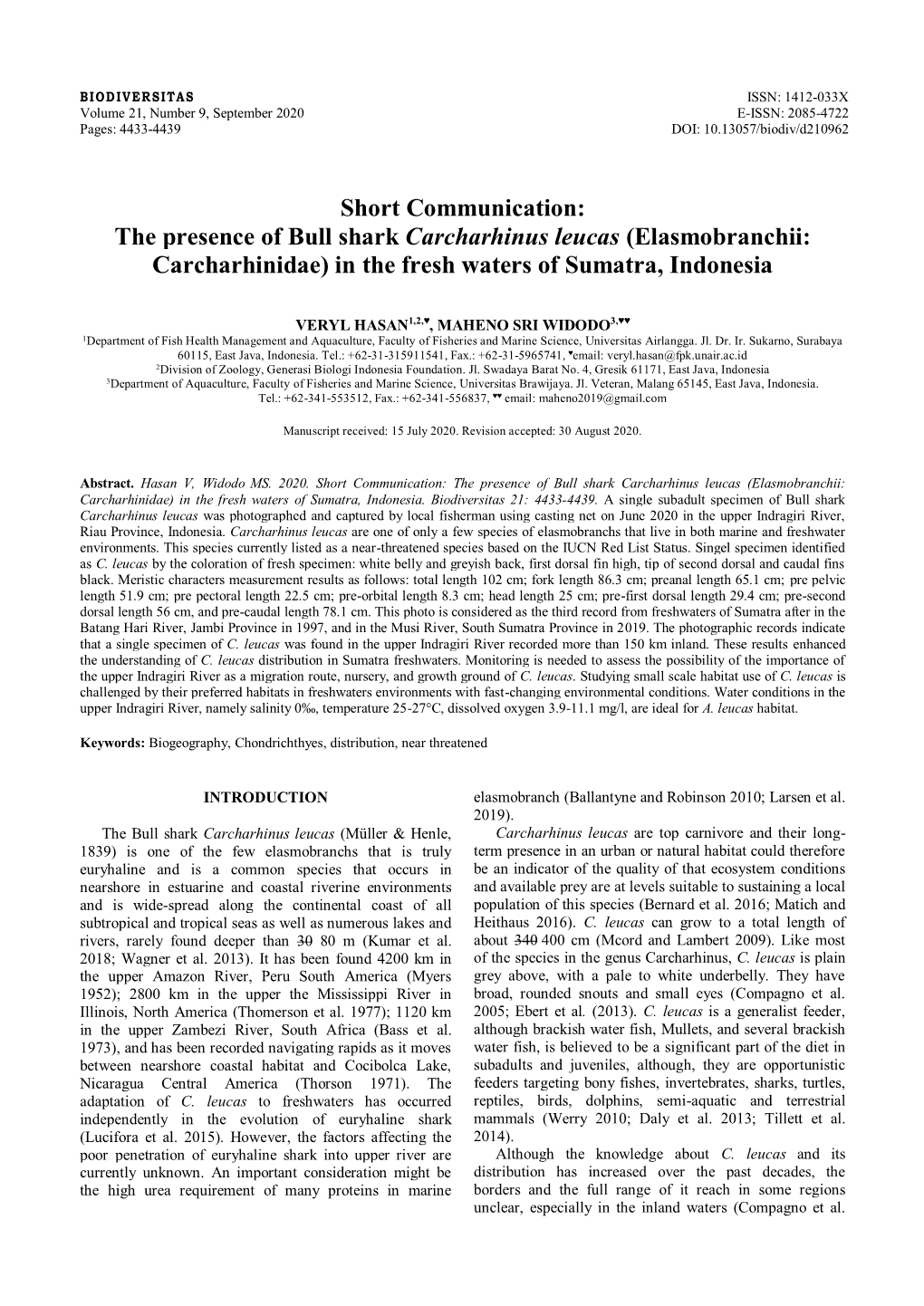 The Presence of Bull Shark Carcharhinus Leucas (Elasmobranchii: Carcharhinidae) in the Fresh Waters of Sumatra, Indonesia