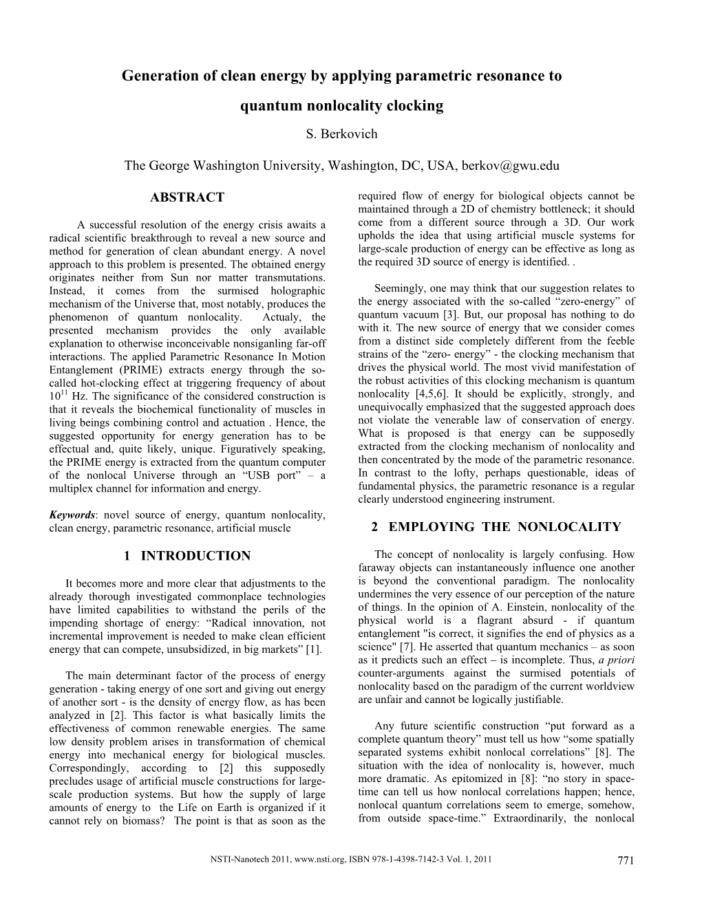 Generation of Clean Energy by Applying Parametric Resonance to Quantum Nonlocality Clocking S