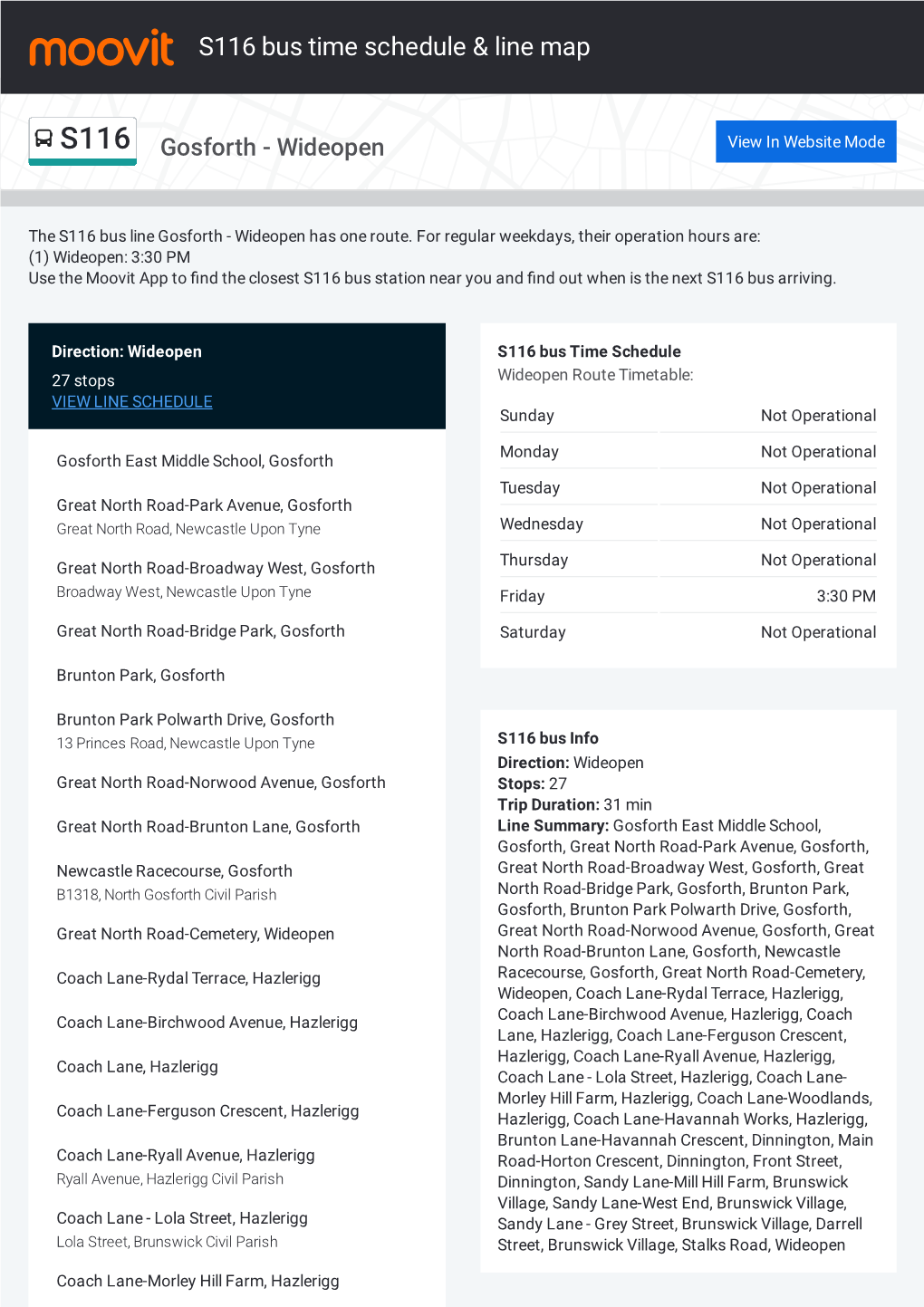 S116 Bus Time Schedule & Line Route