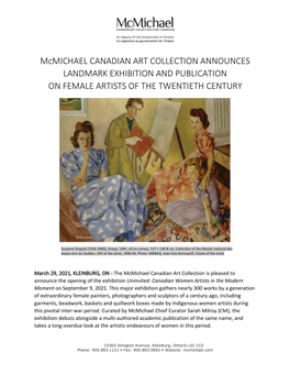 Mcmichael CANADIAN ART COLLECTION ANNOUNCES LANDMARK EXHIBITION and PUBLICATION on FEMALE ARTISTS of the TWENTIETH CENTURY