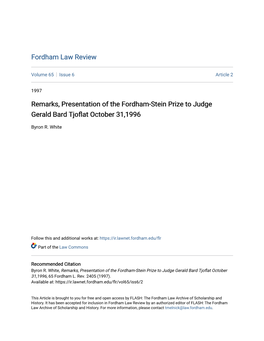 Remarks, Presentation of the Fordham-Stein Prize to Judge Gerald Bard Tjoflat October 31,1996