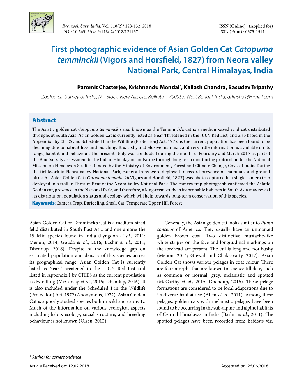 First Photographic Evidence of Asian Golden Cat Catopuma Temminckii (Vigors and Horsfield, 1827) from Neora Valley National Park, Central Himalayas, India