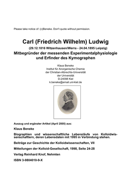 Carl (Friedrich Wilhelm) Ludwig (29.12.1816 Witzenhausen/Werra - 24.04.1895 Leipzig) Mitbegründer Der Messenden Experimentalphysiologie Und Erfinder Des Kymographen
