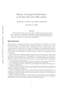 History of Leningrad Mathematics in the First Half of the 20Th Century