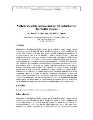 Analysis of Cooling Load Calculations for Underfloor Air Distribution Systems