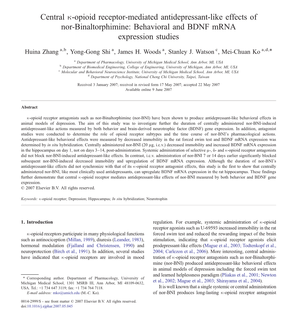 Central Κ-Opioid Receptor-Mediated Antidepressant-Like Effects of Nor-Binaltorphimine: Behavioral and BDNF Mrna Expression Stud