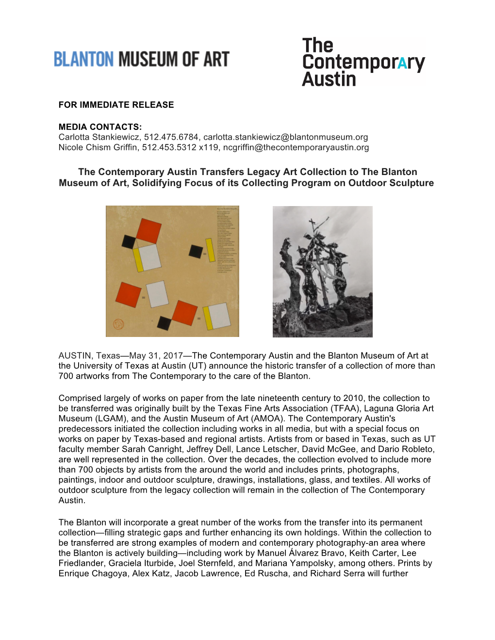 The Contemporary Austin Transfers Legacy Art Collection to the Blanton Museum of Art, Solidifying Focus of Its Collecting Program on Outdoor Sculpture