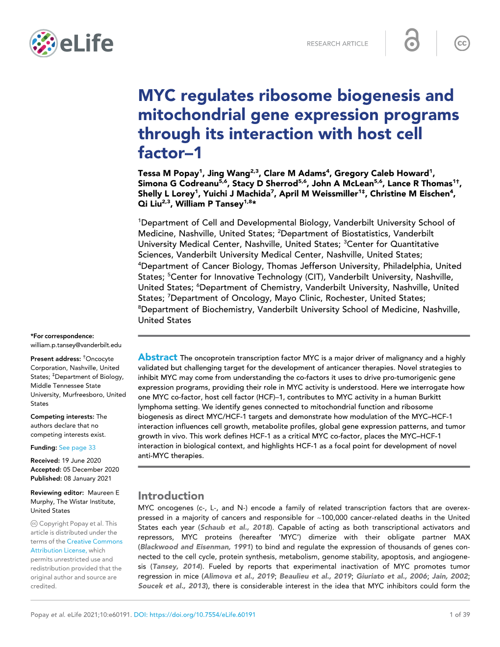 MYC Regulates Ribosome Biogenesis and Mitochondrial Gene Expression