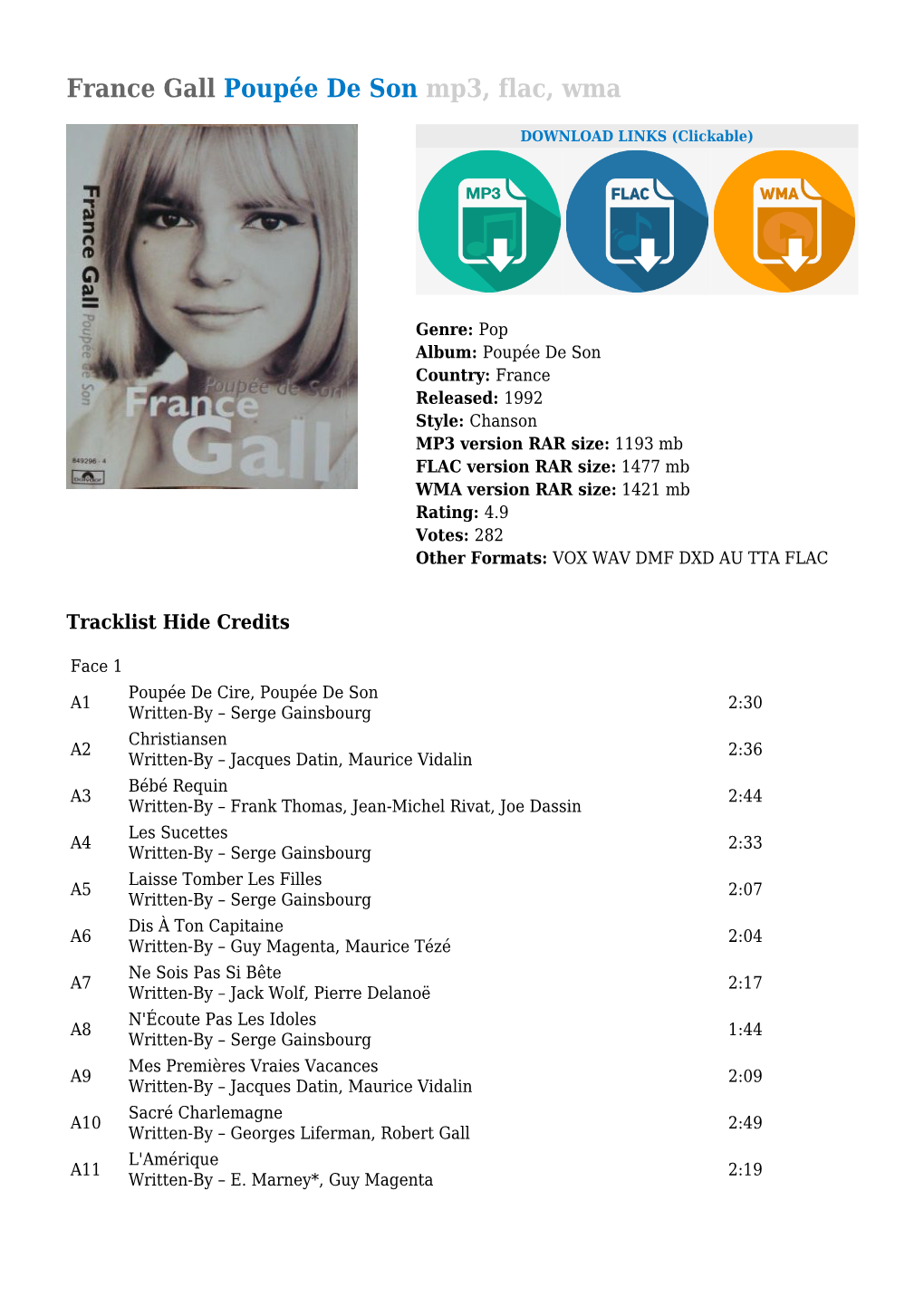 France Gall Poupée De Son Mp3, Flac, Wma