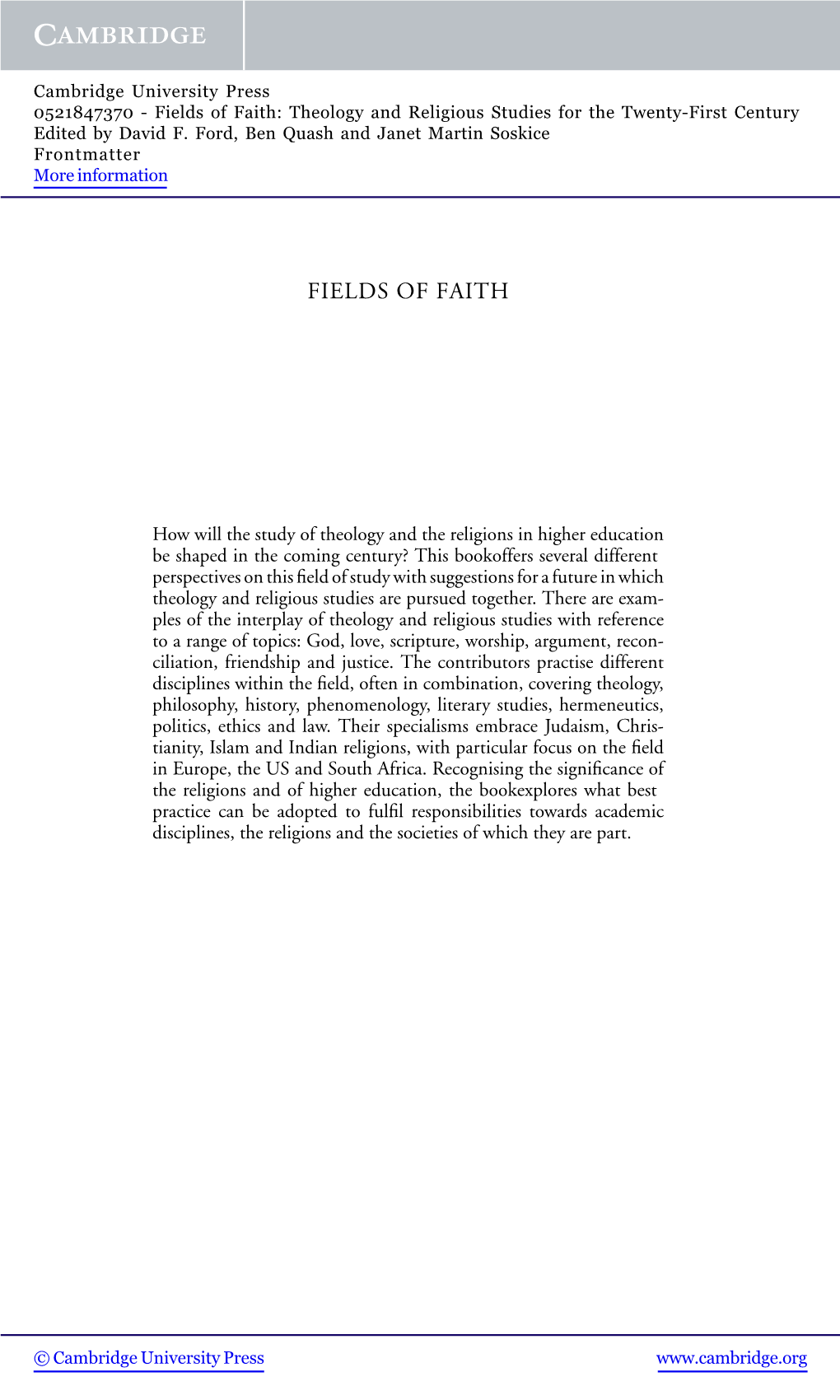 Fields of Faith: Theology and Religious Studies for the Twenty-First Century Edited by David F