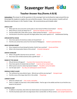 Scavenger Hunt Teacher Answer Key (Forms a & B)
