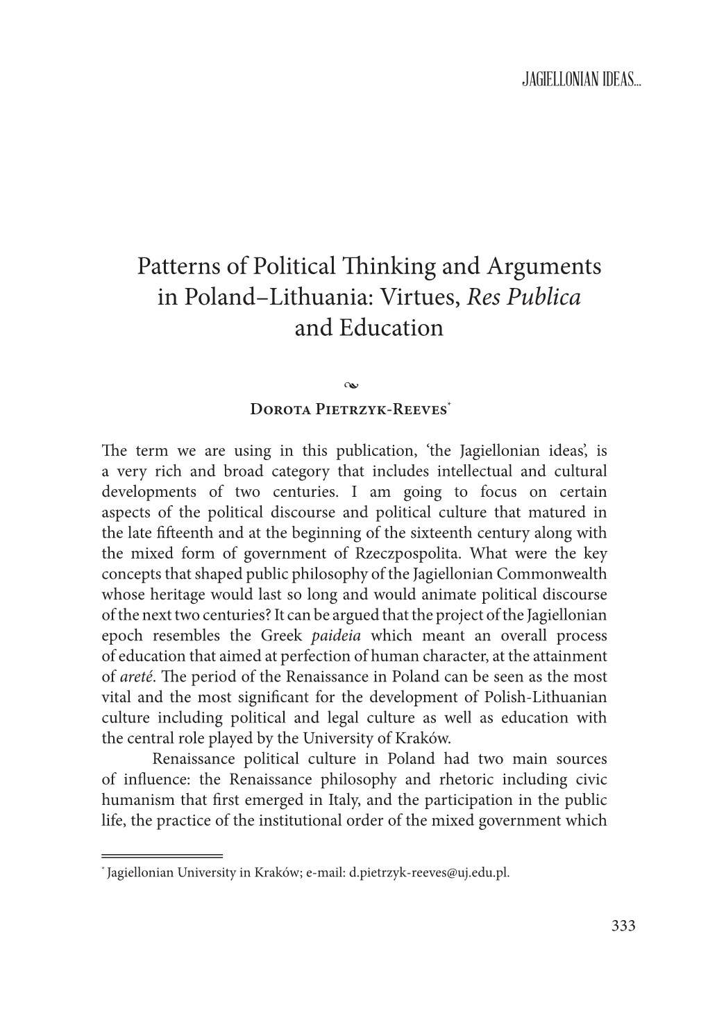 Patterns of Political Thinking and Arguments in Poland-Lithuania