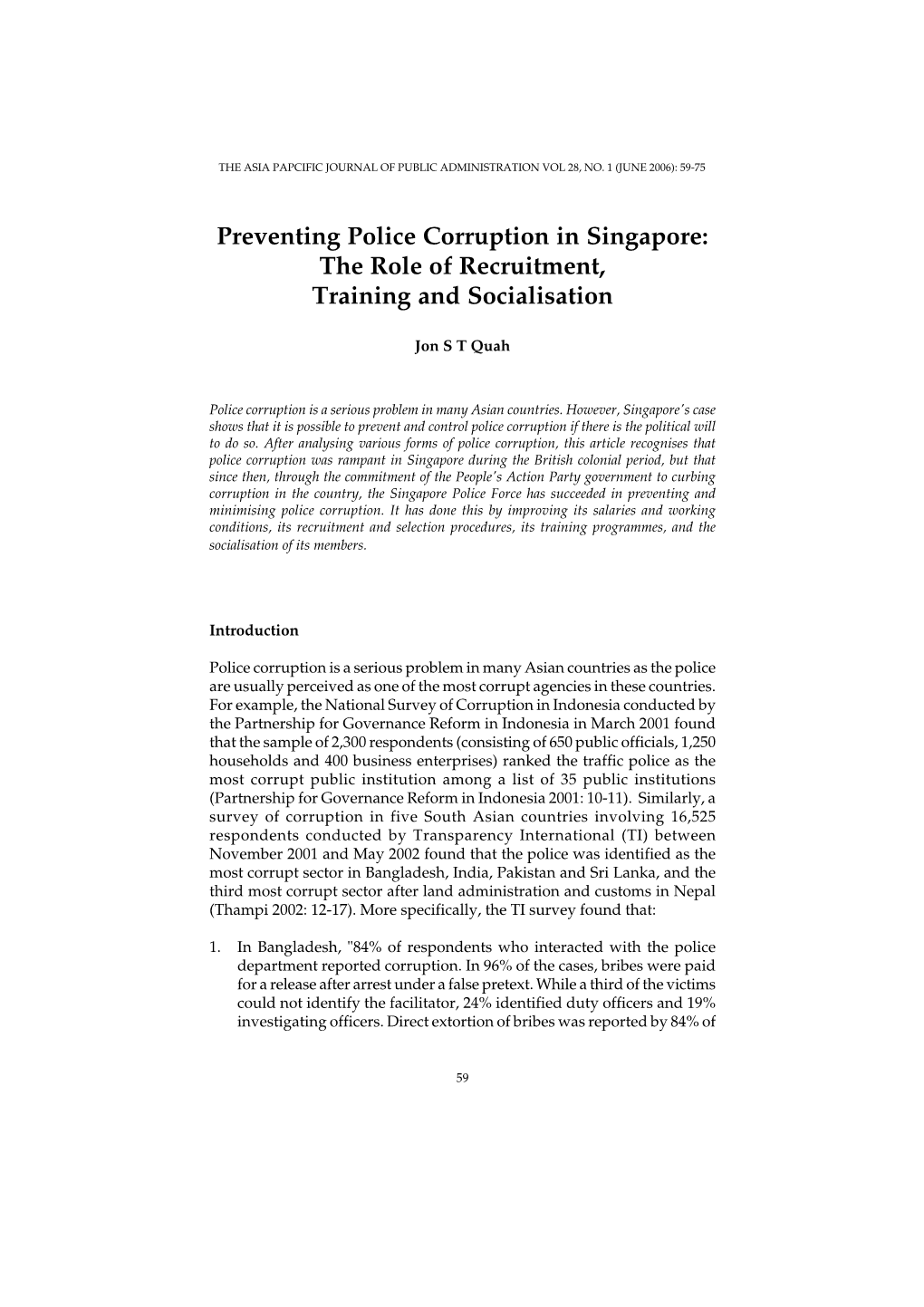 Preventing Police Corruption in Singapore: the Role of Recruitment, Training and Socialisation