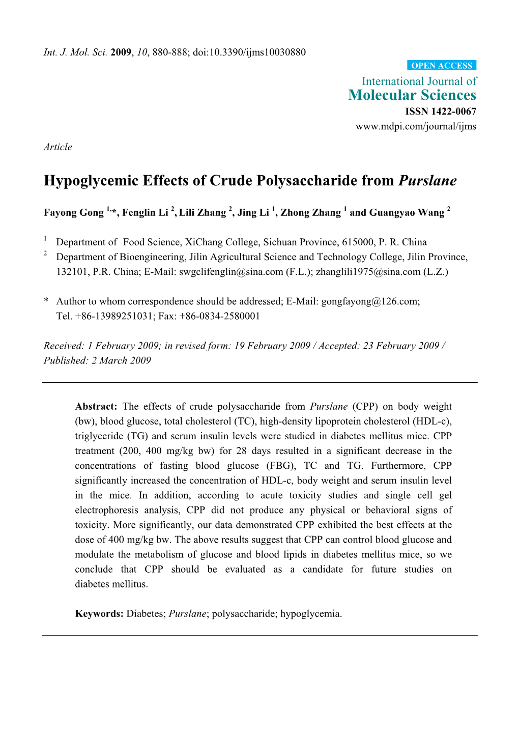 Hypoglycemic Effects of Crude Polysaccharide from Purslane