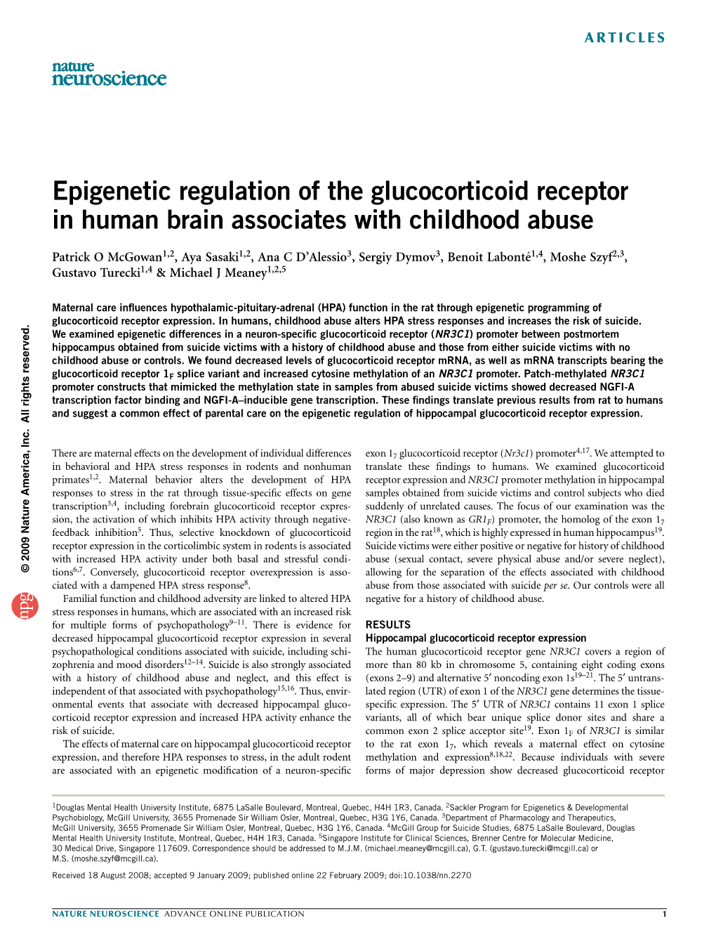 Epigenetic Regulation of the Glucocorticoid Receptor in Human Brain Associates with Childhood Abuse