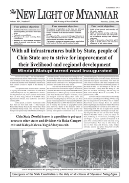 With All Infrastructures Built by State, People of Chin State Are to Strive For