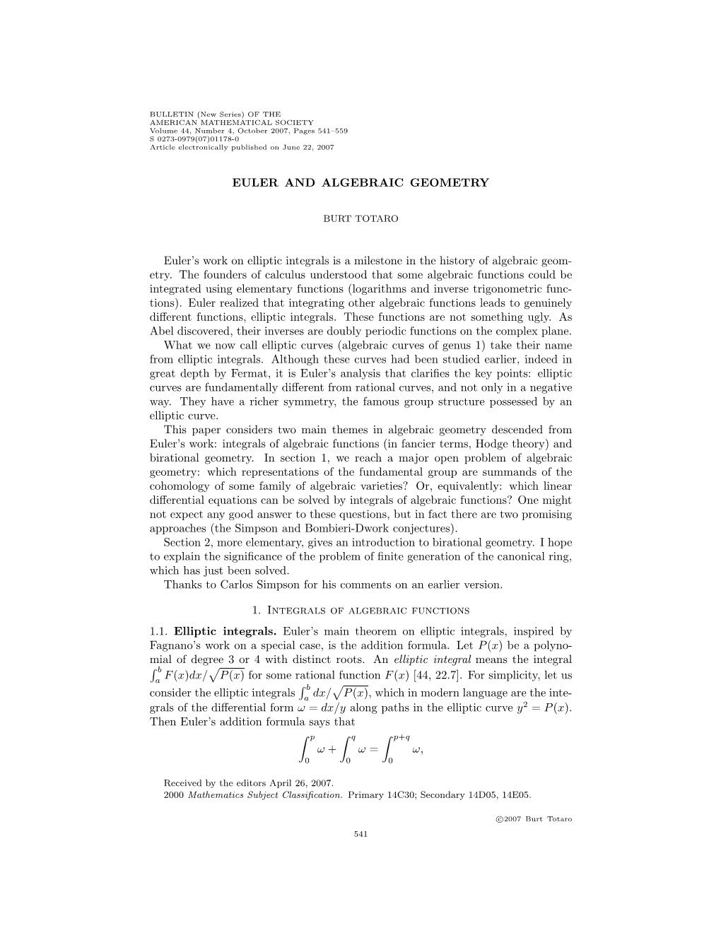 EULER and ALGEBRAIC GEOMETRY Euler's Work on Elliptic