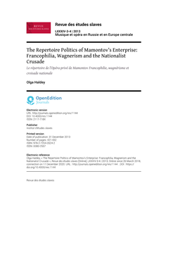 The Repertoire Politics of Mamontov's Enterprise: Francophilia, Wagnerism and the Nationalist Crusade