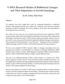 Y-DNA Research Studies of Rabbinical Lineages and Their Importance to Jewish Genealogy