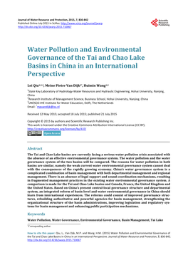 Water Pollution and Environmental Governance of the Tai and Chao Lake Basins in China in an International Perspective