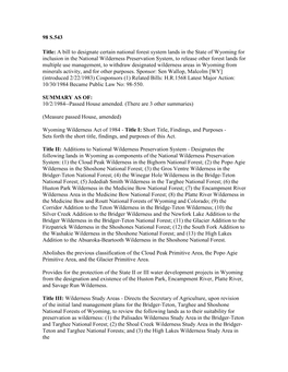 98 S.543 Title: a Bill to Designate Certain National Forest System Lands in the State of Wyoming for Inclusion in the National W