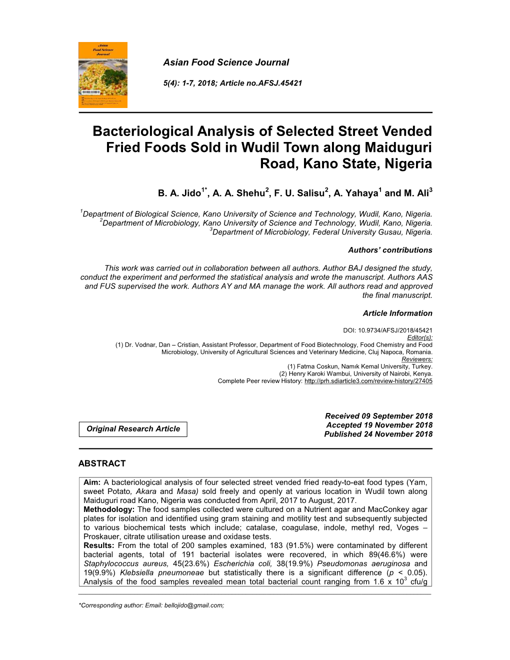 Bacteriological Analysis of Selected Street Vended Fried Foods Sold in Wudil Town Along Maiduguri Road, Kano State, Nigeria