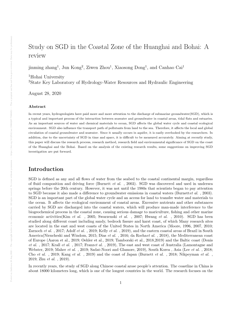 Study on SGD in the Coastal Zone of the Huanghai and Bohai: a Review