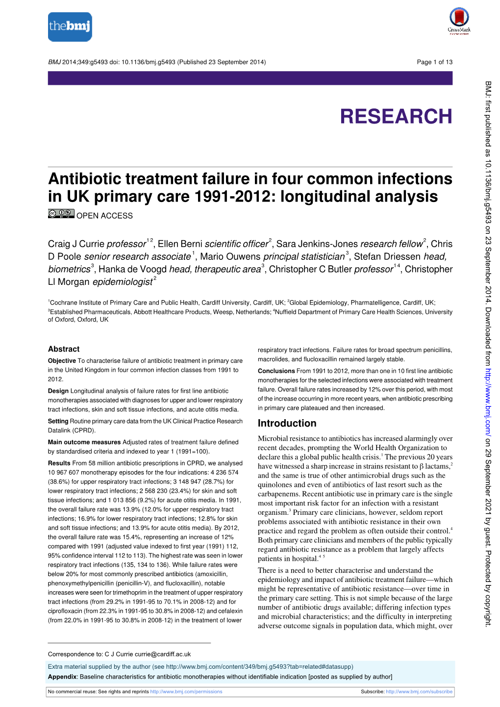 Antibiotic Treatment Failure in Four Common Infections in UK Primary Care 1991-2012: Longitudinal Analysis OPEN ACCESS