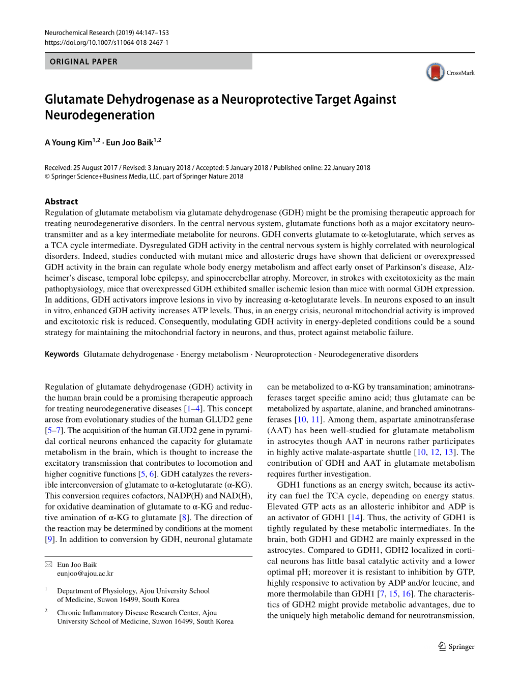 Glutamate Dehydrogenase As a Neuroprotective Target Against Neurodegeneration