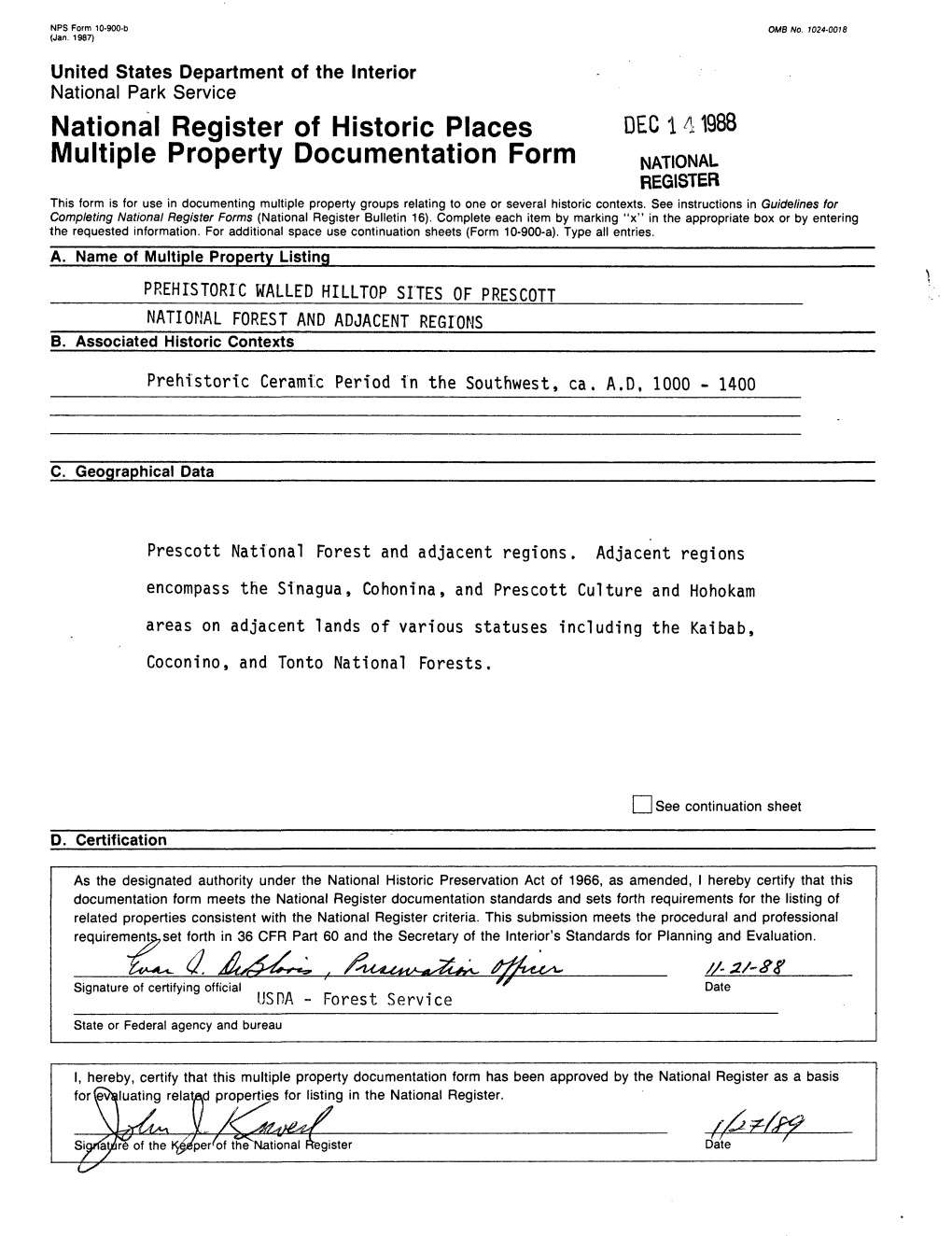 Natipnal Register of Historic Places DEC 141988 Multiple Property