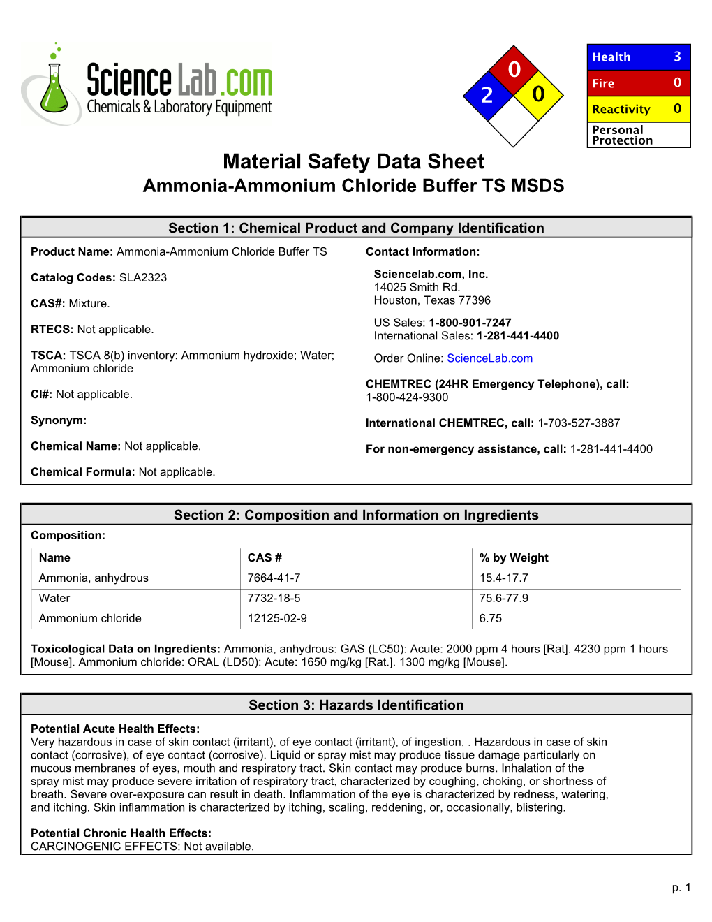 Material Safety Data Sheet Ammonia-Ammonium Chloride Buffer TS MSDS