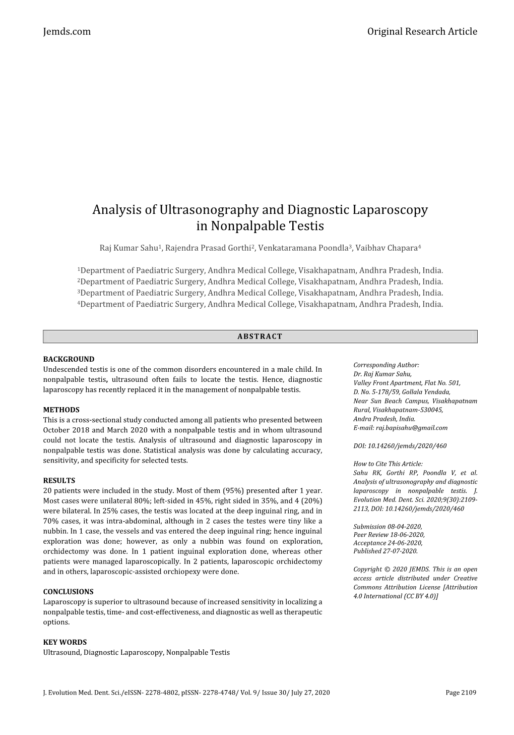 Analysis of Ultrasonography and Diagnostic Laparoscopy in Nonpalpable Testis