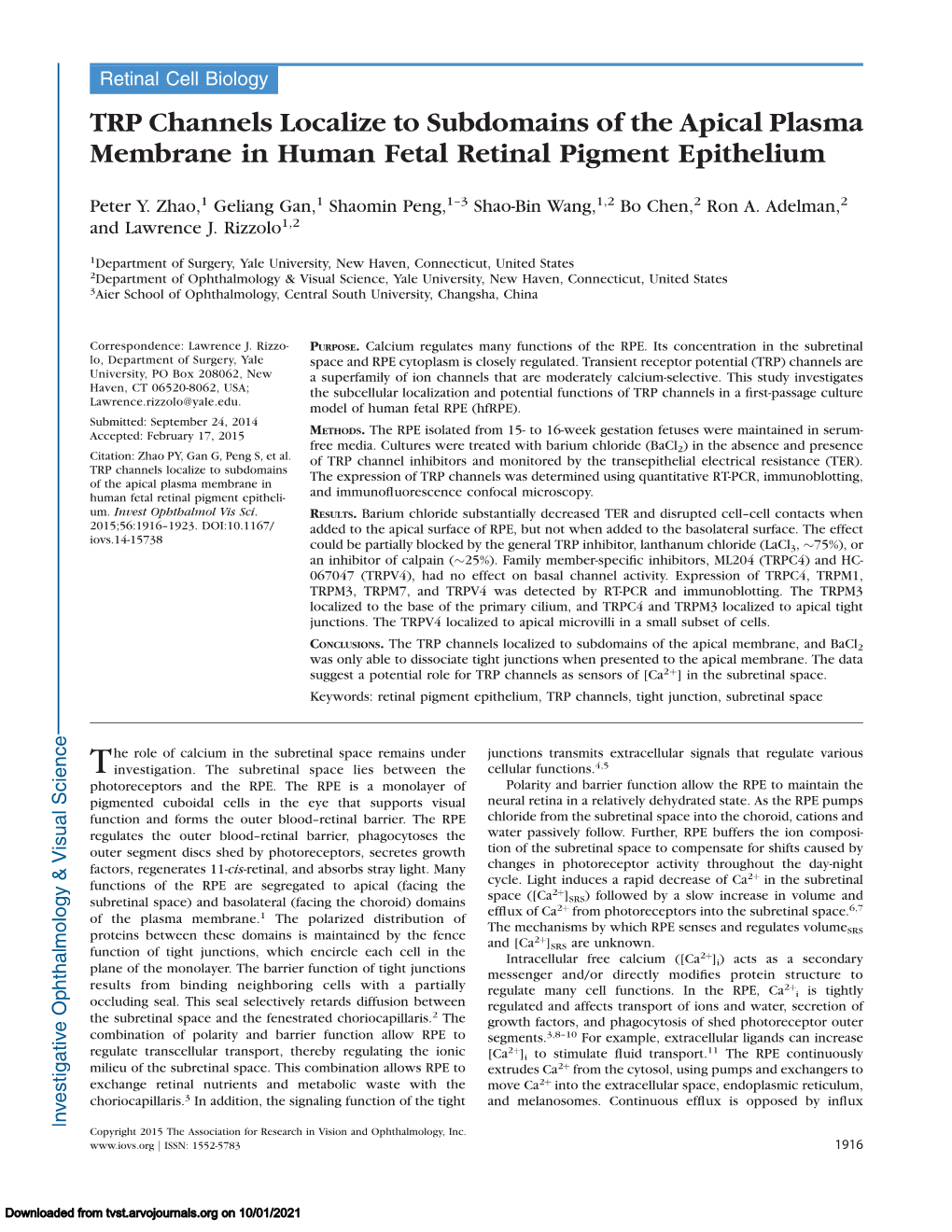 TRP Channels Localize to Subdomains of the Apical Plasma Membrane in Human Fetal Retinal Pigment Epithelium